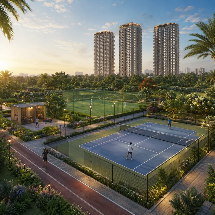 NVT Sarjapur–Attibele tennis courts and sports zones with the apartment towers behind