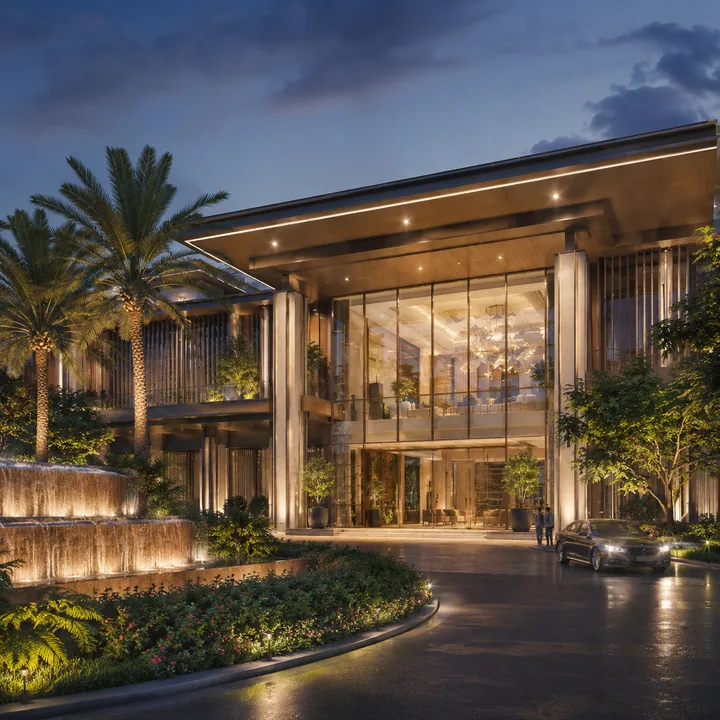 NVT Sarjapur–Attibele grand clubhouse entrance illuminated at night