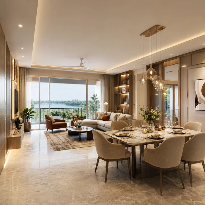 NVT Sarjapur–Attibele 3 BHK living and dining interior with lake-facing balcony