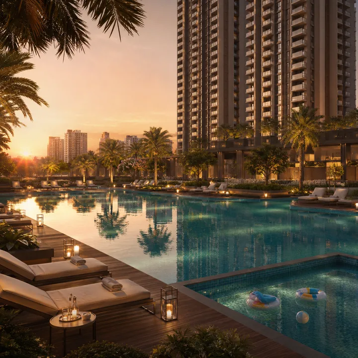NVT Sarjapur–Attibele resort-style swimming pool deck at sunset