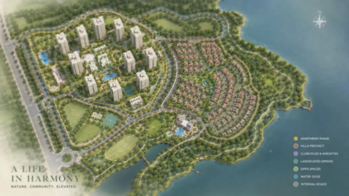 NVT Sarjapur–Attibele master plan site layout showing the apartment phase, villa precinct, clubhouse and lake edge